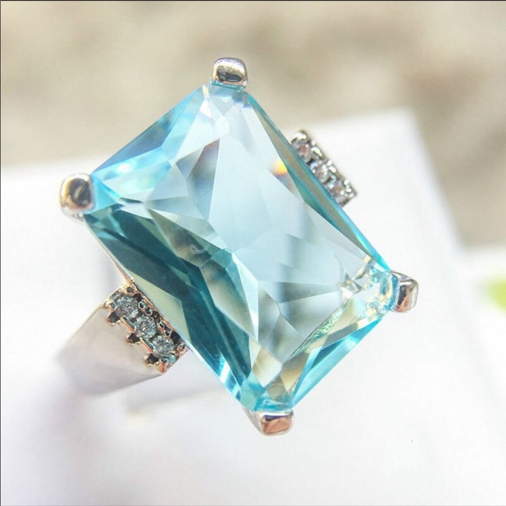 NEW💍HUGE AQUAMARINE DIAMOND 925 SILVER RING - Picture 6 of 7